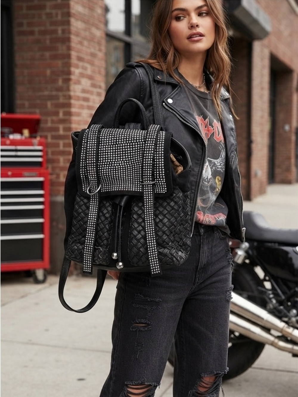 Y2K Glam Woven Rhinestone Drawstring Backpack - Black